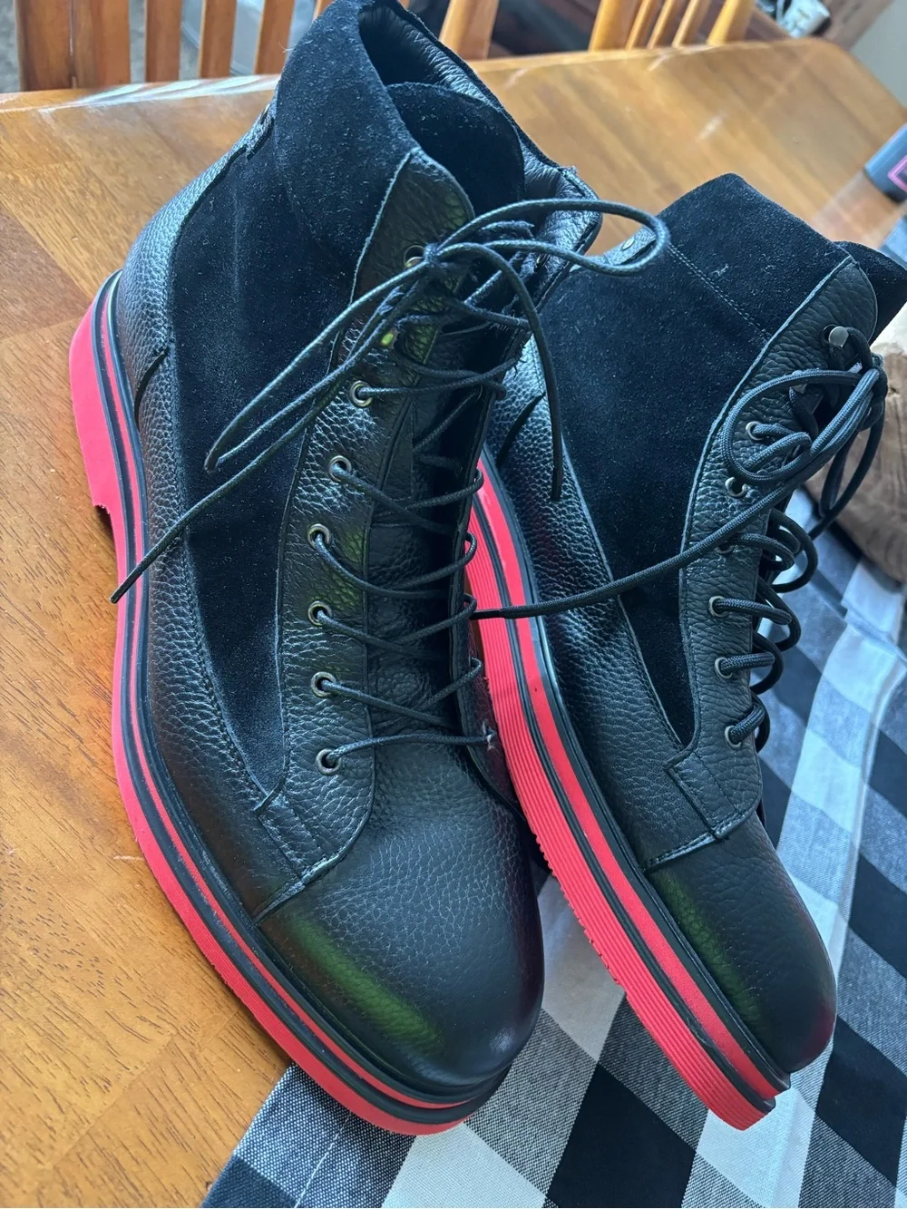 Marc Nolan Men's Black Lace-Up Combat Boots with Red Trim